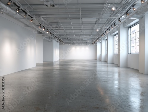 Empty gallery with polished concrete floor and exposed ceiling lights. White walls stretch long, framed by large windows. Industrial ceiling exposes ducts and track lighting