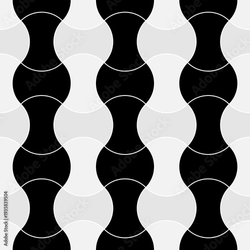 Black interlocking blocks lines on white background. Seamless surface pattern design with ethnic ornament. Apple core quilts texture. Image with hammerhead, axehead and bow shapes. Patchwork motif.