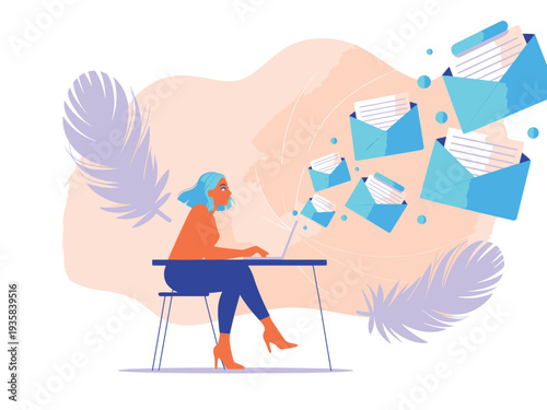 Woman sending emails from laptop, digital communication concept with blue envelopes flying out