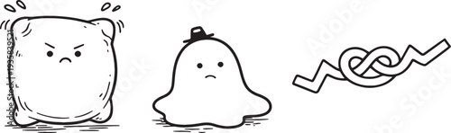Cute funny line art illustrations featuring an angry pillow and ghost