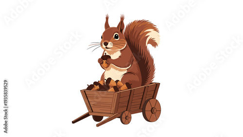 Brown squirrel sitting in a wooden cart full of acorns
