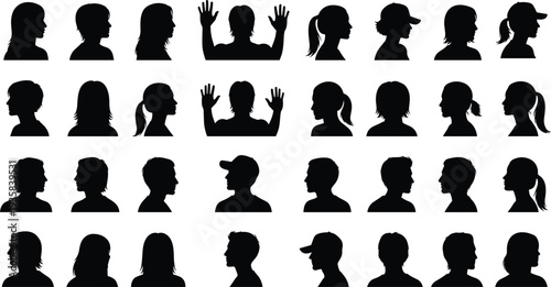 People head profile silhouettes collection diverse male female faces side view black white vector illustration set isolated