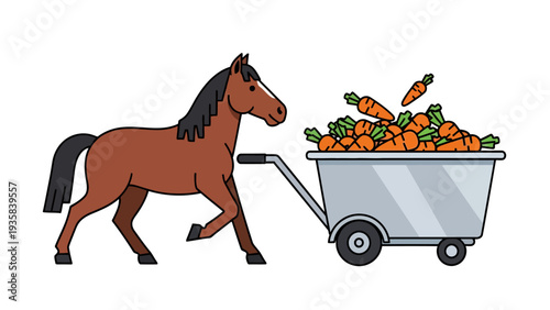 Brown horse pulling a metal cart overflowing with bright orange carrots