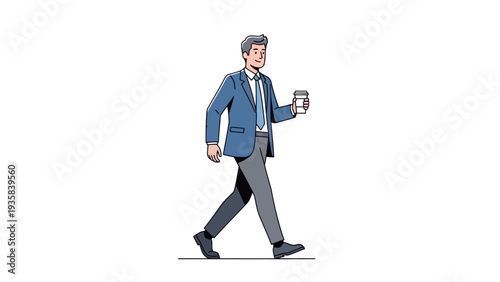 Businessman in blue suit walking with disposable coffee cup
