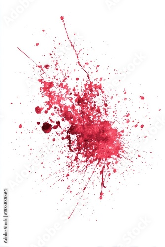 A blood-red splatter against a stark white background, creating an abstract, messy effect