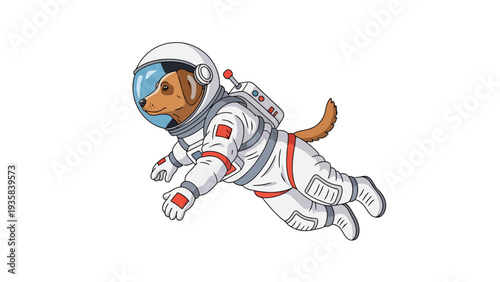 Brown dog in a white and red astronaut suit floating in space