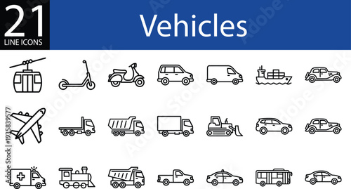 Vehicles line icons collection in outline style, cars, trucks, planes, trains, and ships