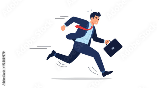 Businessman in a dark suit running quickly while holding a black briefcase