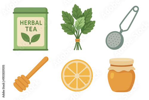 Collection of herbal tea making ingredients and accessories including a tin, mint leaves, infuser, honey jar, lemon slice, and dipper in a flat vector illustration style