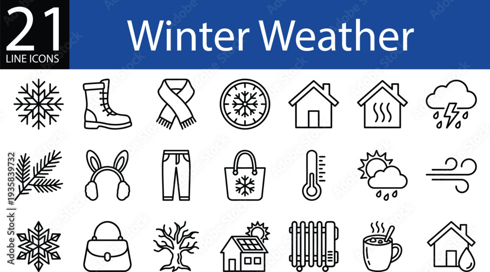 Obraz premium Winter weather line icon collection in outline style, snowflakes, boots, warmth, precipitation, and seasonal elements