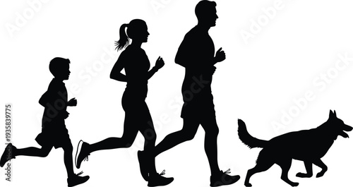 Family jogging with dog silhouette isolated on white background healthy lifestyle fitness outdoor activity togetherness illustration concept