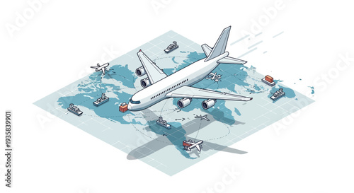 Commercial Airplane Over Ocean Isometric Illustration
