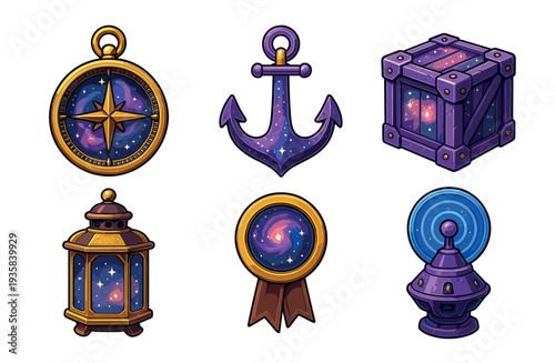Set of six magical cosmic items for a fantasy game, including a starry compass, anchor, crate, lantern, medal, and a mysterious device in a detailed cartoon illustration style
