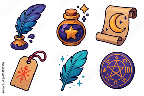 Set of cartoon magical wizard items including a feather quill, star potion, moon scroll, runic tag, sparkling feather, and a mystical pentagram amulet