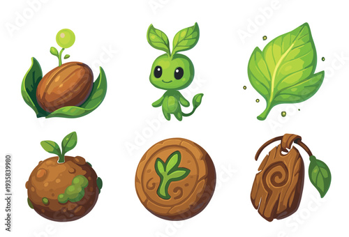 Set of fantasy nature game asset icons featuring a sprouting seed, plant spirit, leaf, amulet, and token in a cute cartoon style for user interface design