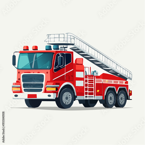 Oversized fire truck with ladders and equipment, clean vector rendering, emergency red tones