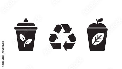 Eco Friendly Icons With Recycling Symbol And Biodegradable Cups On White Background For Sustainability Concepts