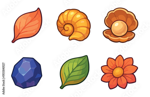 Set of six colorful nature and treasure icons including leaves, a seashell, an oyster with a pearl, a gem, and a flower, illustrated in a vibrant cartoon style for game design