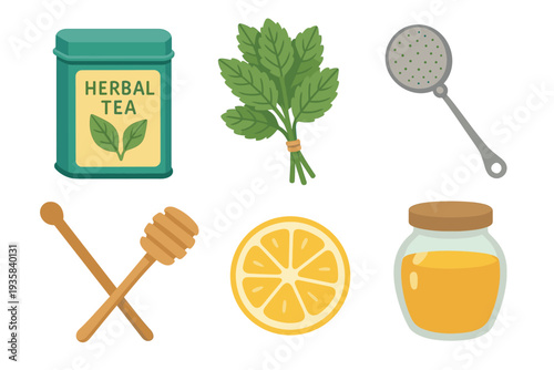 Collection of herbal tea ingredients and accessories including a tin, fresh mint, lemon, honey, a strainer, and a dipper, presented as a flat design vector illustration