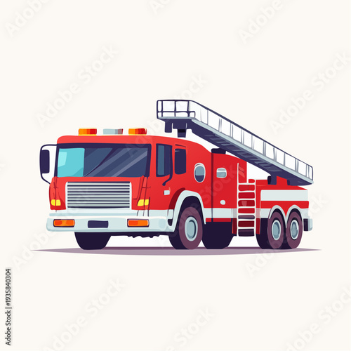 Oversized fire truck with ladders and equipment, clean vector rendering, emergency red tones