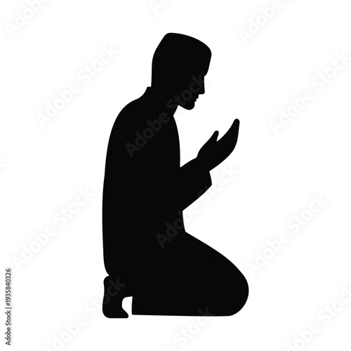 Silhouette of Muslim man wearing kufi hat praying on knees with hands raised, Islamic prayer pose, religious devotion, spiritual worship, quiet contemplation, peaceful worship, printable, clipart