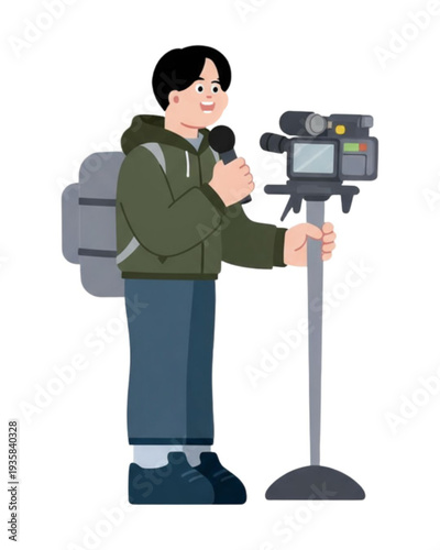 Young man recording video with camera on tripod and microphone