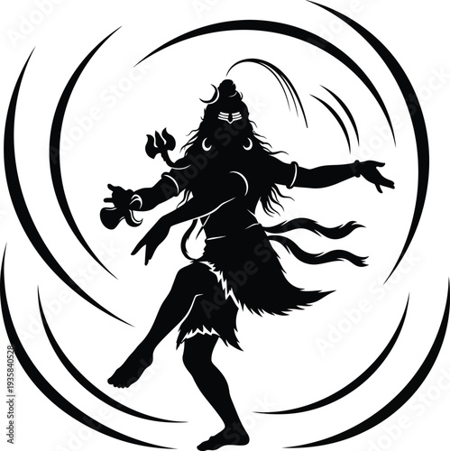 Black and White Lord Shiva Nataraja Silhouette Illustration in Dynamic Dance Pose with Raised Leg, Flowing Hair, Drum, Flame, Swirling Motion Lines, and Cosmic Spiritual Artwork Design