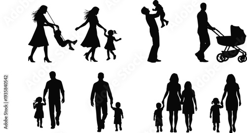 Family silhouette collection illustration, parents with children walking playing caring together isolated on white background lifestyle concept design