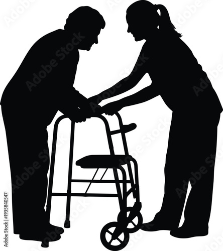 Silhouette caregiver assisting elderly man with walker, healthcare support, rehabilitation help, senior mobility, compassionate home nursing concept care assistance service