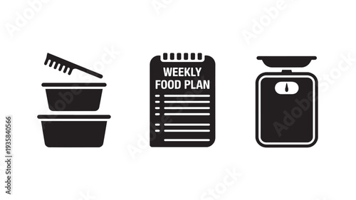 Black Icons Of Food Containers, Weekly Food Plan And Kitchen Scale On White Background For Healthy Eating And Meal Planning Concepts