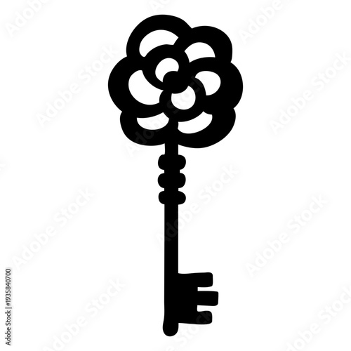 Hand drawn flower ornate key silhouette