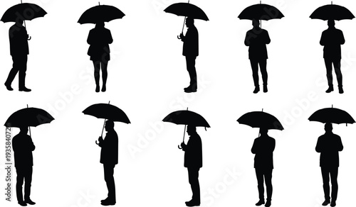 Silhouette of People with Umbrellas, Standing, Protection, Rain, Storm, Weather Icon"