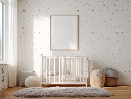 Cozy nursery with white crib and star-patterned walls. Soft sunlight streams through window beside crib. Blank frame hangs above crib, ready for decor. Woven baskets sit beside crib