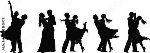 Romantic dancing couples silhouettes performing ballroom poses showing love passion elegance celebration isolated white background illustration set