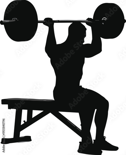 Silhouette of person doing seated overhead barbell press, strength training and shoulder workout exercise, gym fitness concept, flat vector illustration