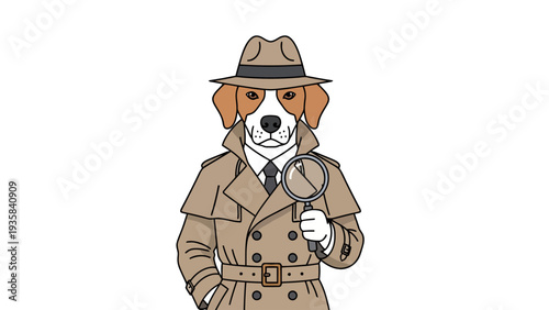 Cartoon beagle detective wearing a trench coat and holding a magnifying glass