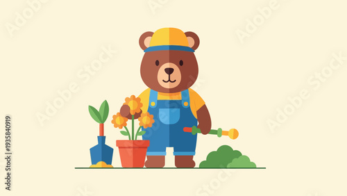 Cartoon bear gardener with potted flowers tools and green shrubbery