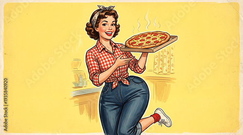 Vintage style illustration of a happy woman serving a hot pepperoni pizza.