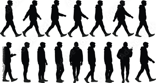 Silhouette of person walking in hoodie, side view, various poses, isolated vector illustration, casual motion, human figure, white background, stock content