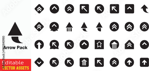Vector navigation arrow icons collection: Comprehensive set of directional pointers, curved arrows, and geometric shapes. Minimalist black silhouettes in circles, squares, and diamonds for UI/UX inter
