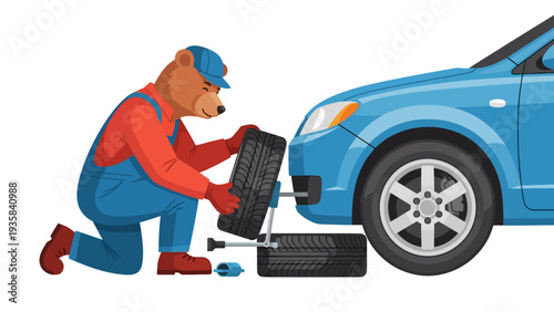 Cartoon bear mechanic replacing a tire on a blue car using a jack