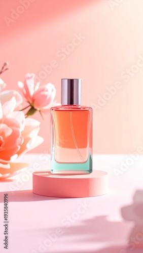 Elegant Perfume Bottle with Rose Floral Accents on Pink Background
