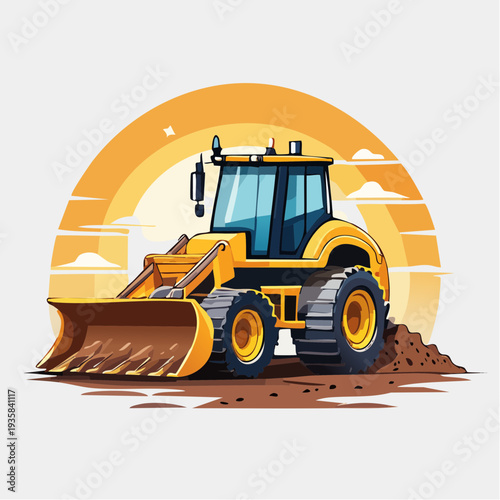 Ultra-detailed vector illustration of a massive construction bulldozer pushing dirt on a sun