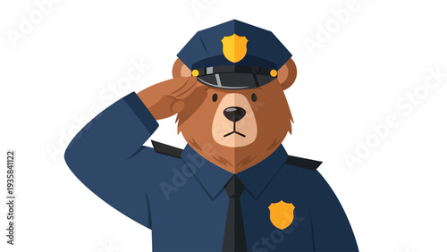 Cartoon brown bear in police uniform saluting against a white background