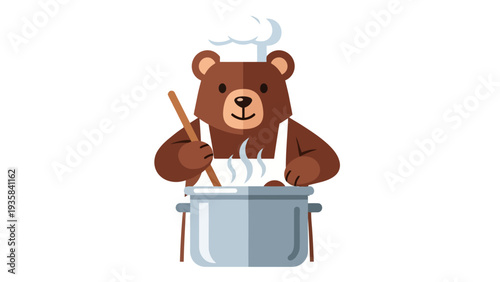 Cartoon brown bear wearing a chefs hat and apron stirring a steaming pot