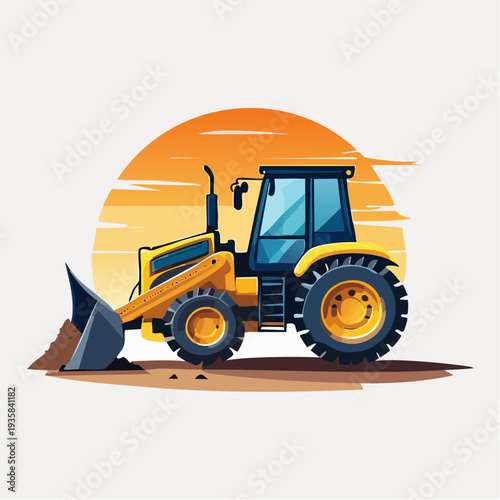 Ultra-detailed vector illustration of a massive construction bulldozer pushing dirt on a sun