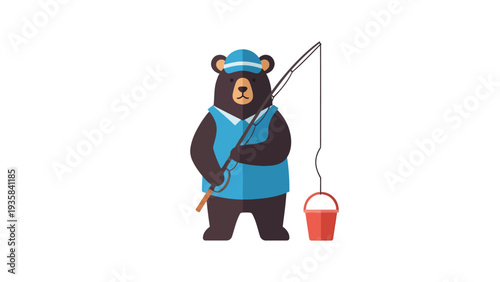 Cartoon brown bear wearing blue clothes and cap holds a fishing rod next to a red bucket