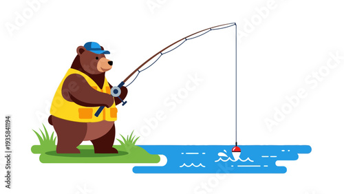 Cartoon brown bear wearing a yellow vest and blue hat fishing in blue water