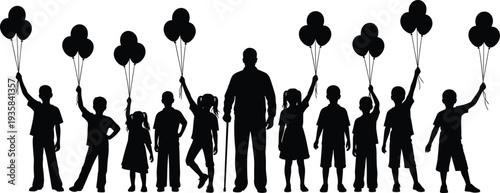Children with balloons silhouette group, happy childhood celebration, diversity of kids and 