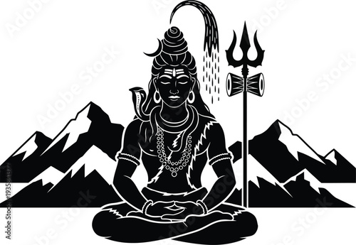 Black and White Lord Shiva Illustration in Meditative Pose with Crescent Moon, Flowing River Ganga from Topknot, Snake Around Neck, Third Eye, Trident with Drum, and Stylized Himalayan Mountain Backgr